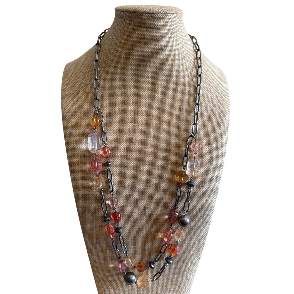 Gunmetal Long Chain Beaded Necklace Amber Color  Rose Smoky Quartz Tones‎